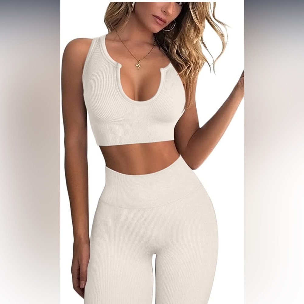 Amazon 2 Piece Ribbed Seamless Crop Tank High Waist Yoga Leggings Sets